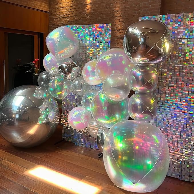 12PCS Iridescent Round Foil Balloons, 22" 15" 10" Large 4D Ball Balloons Holographic Mirror Balloon for Wedding Baby Shower Mermaid Princess Birthday Party Decorations