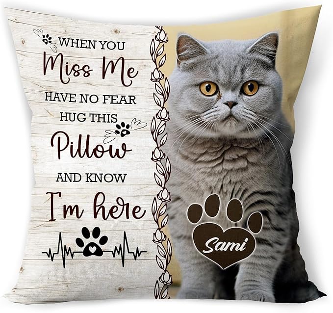 Personalized Pet Memorial Throw Pillow (Insert Included), When You Miss Me Hug This Pillow, Loss Of Cat Sympathy Gift, Cat Memorial Gifts For Loss Of Cat, Cat Remembrance Gifts, Cat Memorial Gifts