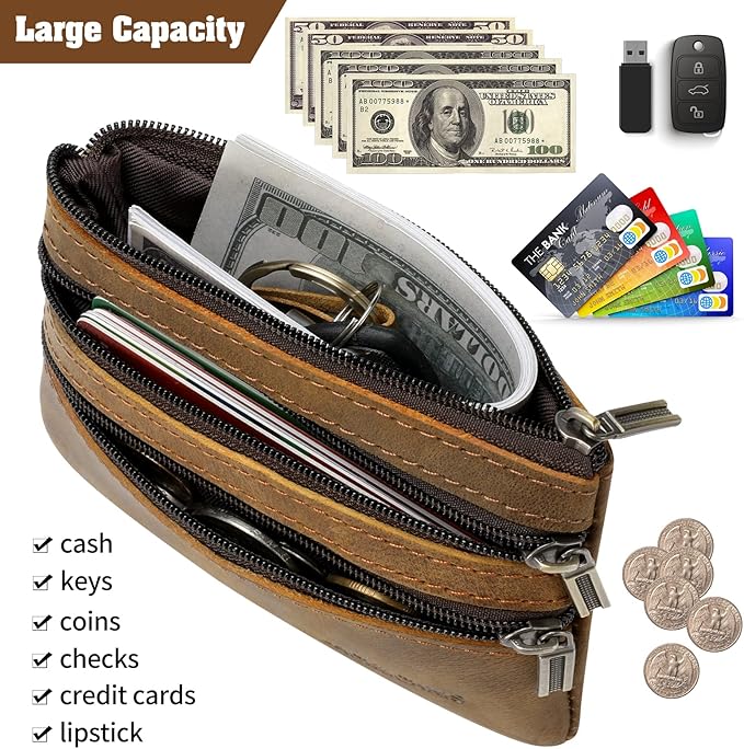 Jack&Chris Coin Purse Pouch for Men, Genuine Leather Coin Purse Zipper Pocket with Keychain Ring, Coin Bag for Men,JC301-8