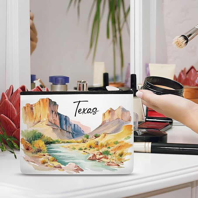 Texas Watercolor Makeup Bag, Waterproof Linen Travel Cosmetic Pouch, Texas-Themed Gifts & Souvenirs for Women, Toiletry Organizer for Travelers, Friends & Coworkers, 9.8×7.1×2 in