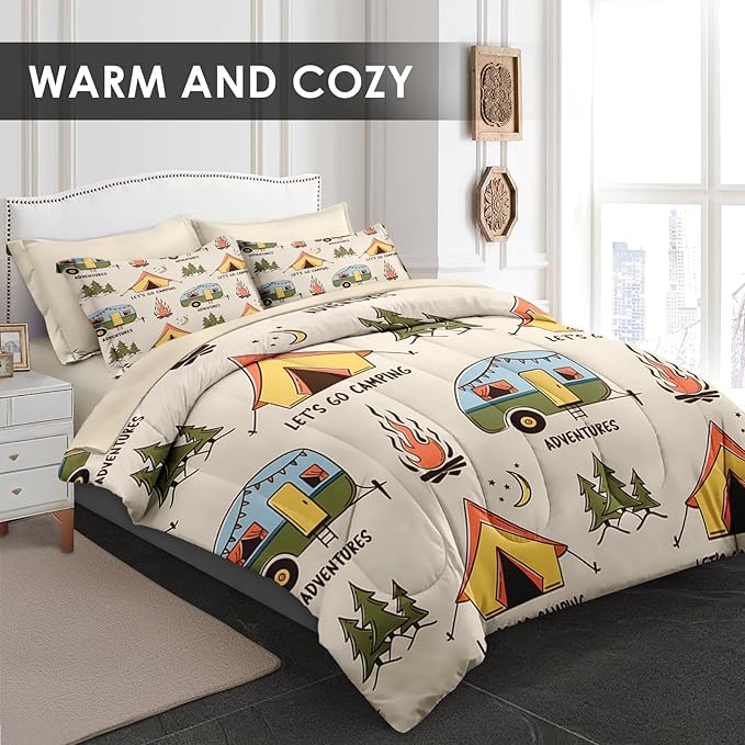 Comforter Set King Size, Summer Camp Camper 7 Pcs Bedding for Kids and Adults, Camping Adventure Bed Sheet Sets with Fitted Sheet 2 Pillowcases & 2 Shams for Bedroom Bed Decor