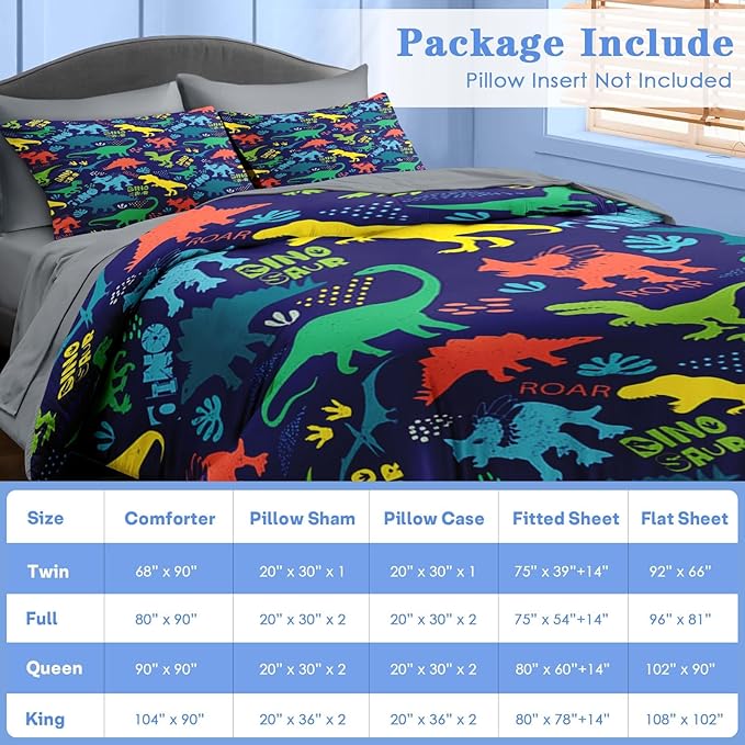Comforter Set Full Size, Dinosaur Vintage 7 Pcs Bedding for Kids and Adults, Tropical Dino Bed Sheet Sets with Fitted Sheet 2 Pillowcase & 2 Sham for Bedroom Bed Decor