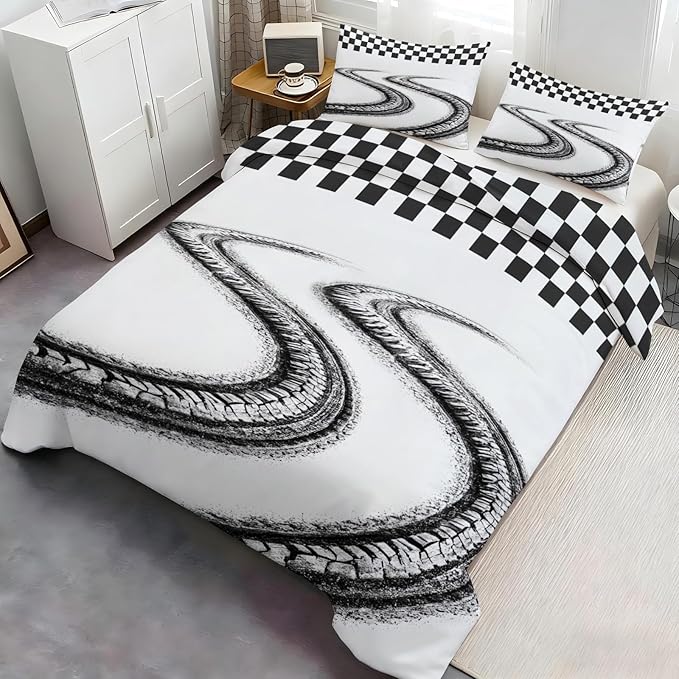 Racing Tire Track Duvet Cover California King Black White Checkered Flag Bedding Set Motorsport Checkered Flag Comforter Set Sporty Motorsport Duvet Cover with Zipper Ties for Bedroom