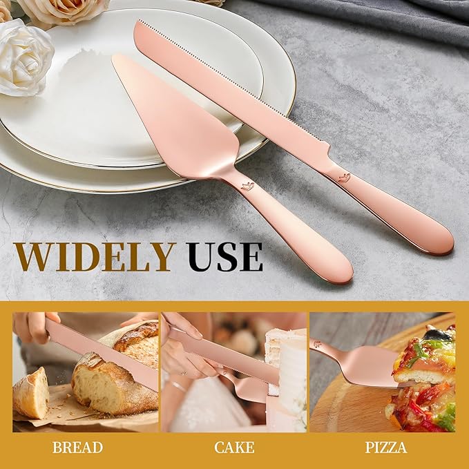 Cake Cutting Set for Wedding - Extended Cake Knife and Server Set Thickened Stainless Steel 13.0" Cake Cutter 10.49" Pie Spatula Great for Birthday Anniversary Christmas Gift 2 Pcs Rose Gold