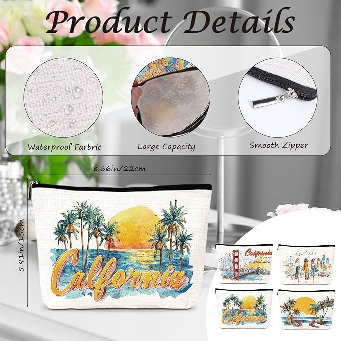 California Travel Essentials Gifts - 4Pcs California Souvenirs Makeup Bags with Zipper, City Trip Vacation Cosmetic Toiletry Pouch for Women Girls Besties Friends Birthday Christmas Gifts