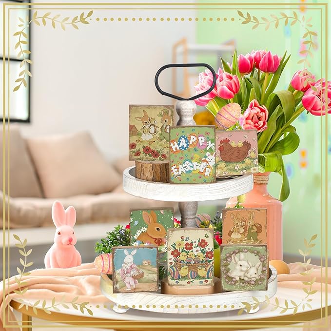 Wenqik 8 Pcs Vintage Easter Decorations Retro Bunny Wooden Sign Easter Table Centerpiece Tiered Tray Decor Bunny Ornaments Cute Spring Chicks Decor for Home Tabletop Desk Shelf Office Farmhouse