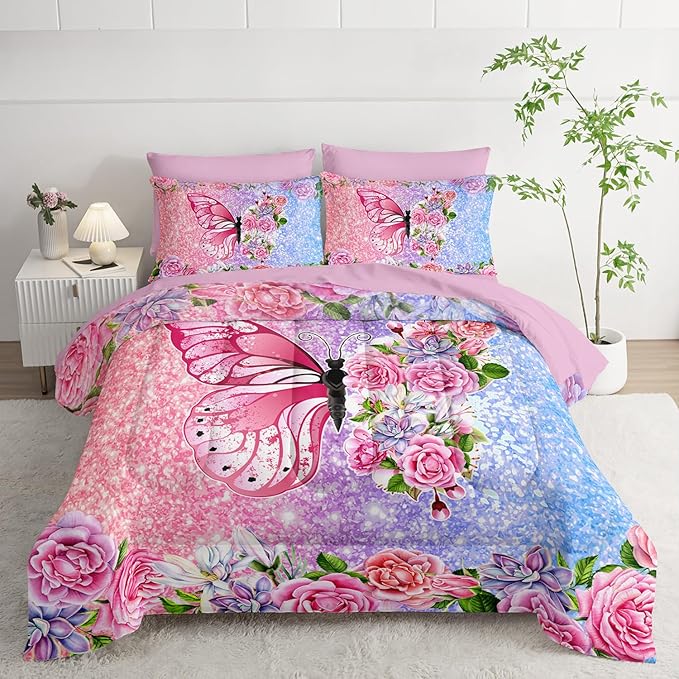 Butterfly Comforter Set (7 Piece) - Queen Size, Floral Pink Purple Bedding, Girls/Teens, Soft Microfiber, Sheets/Pillowcases Included