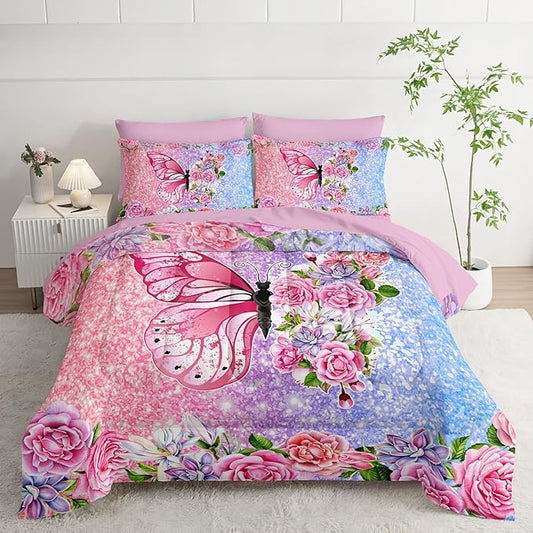 Butterfly Comforter Set (7 Piece) - Queen Size, Floral Pink Purple Bedding, Girls/Teens, Soft Microfiber, Sheets/Pillowcases Included