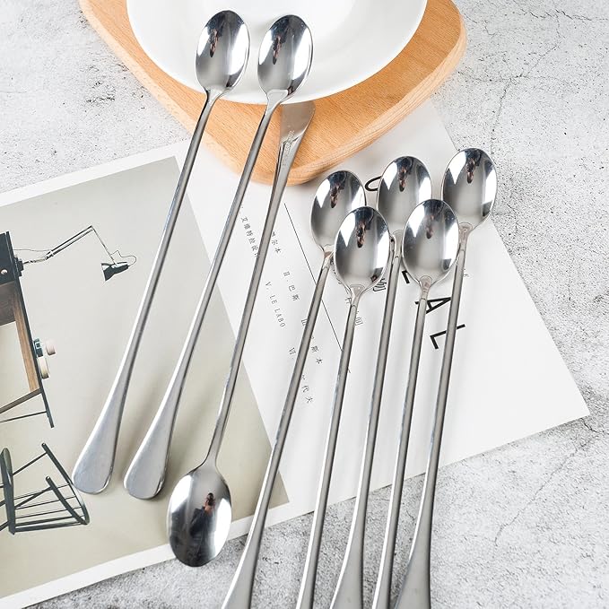 Long-handled ice tea spoon, cocktail stir spoons, stainless steel coffee spoons, ice cream scoop Set of 8 (9 IN)