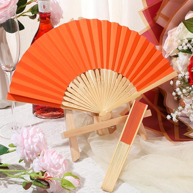Yinkin 24 Pack Folding Fans Bamboo Handheld Folded Craft Hand Japanese Chinese Fans for Weddings Bridal Dancing Church DIY Decoration Women Gift Party Favors (Orange)