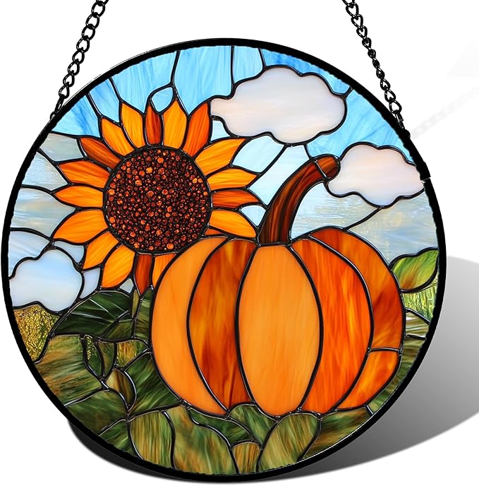 Stained Glass Window Hanging Fall Farm Scenery Sunflower Pumpkin Large 15" - Suncatcher Door Garden Kitchen Sunroom Sun Catcher Home Decor Birthday for Mom Grandma Men Woman