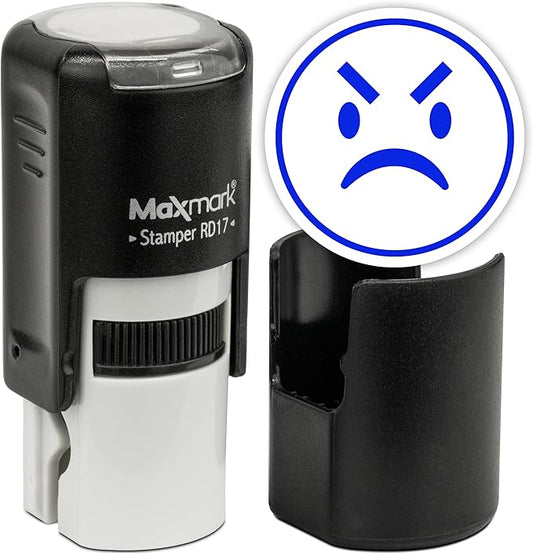 MaxMark Round Self Inking Emoji Stamp - Angry - Blue Ink