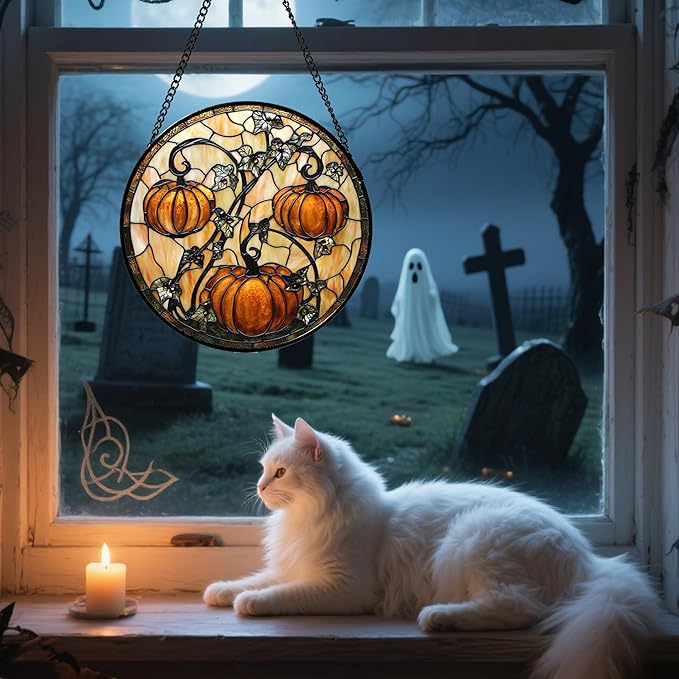Stained Glass Window Hanging - Halloween Decoration Orange Pumpkin Vine Leaves Suncatcher for Door Garden Spooky Sun Catchers Gothic Decor Horror Gifts for Women Men Friend Boy Girl 6.3 in