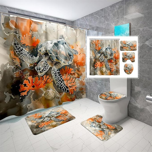 4 Pcs Kids Shower Curtain Set - Sea Turtle Shower Curtain for Bathroom Ocean Themed Shower Curtain Turtle Bathroom Accessories with Rug,and Bath Mat with 12 Hooks