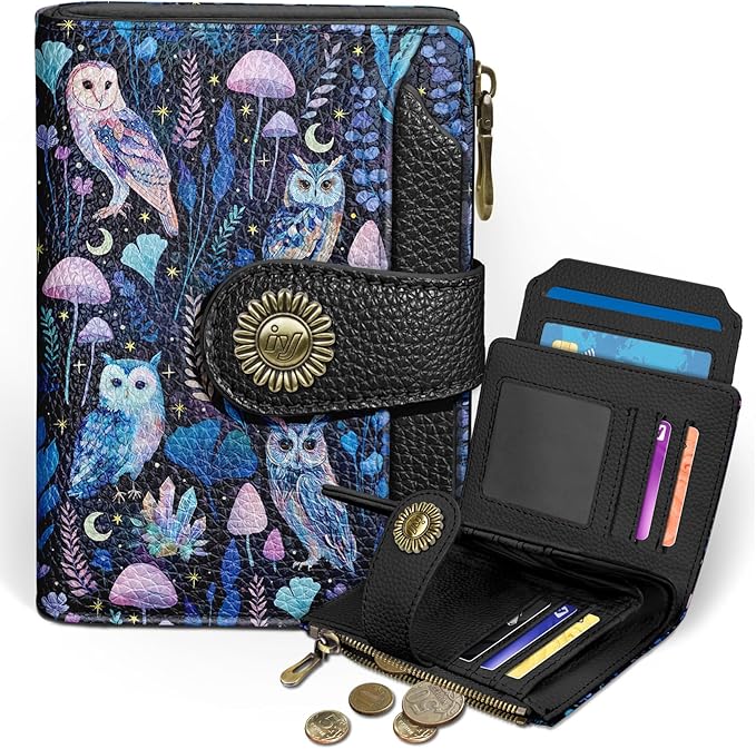 Owl Small Wallet Women RFID Blocking Bifold, Credit Card Holder, Zipper Coin Pocket, PU Leather, Magic, Compact, Travel, 4 ID Window, 14 Card Slots, Cash Purse, Ladies Woman Female Girls