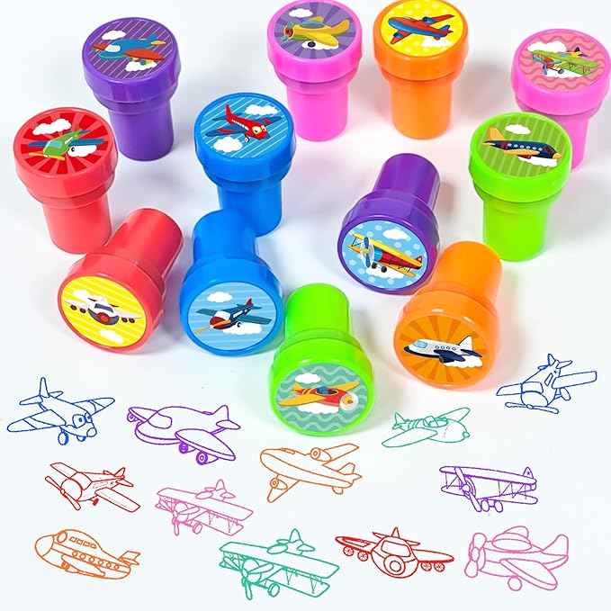 Cinrobiye 24 Pcs Airplane Stampers for Boys Girls, Aviation Party Supplies Favors, Classroom Rewards, Carnival Prizes, Goody Bag Pinata Fillers for Let’s Fly Travel Party
