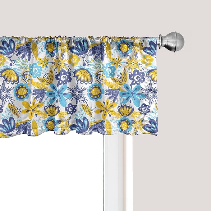 Ambesonne Floral Window Valance, Abstract Flowers Chrysanthemum Design and Tender Butterflies, Curtain Valance for Kitchen Bedroom Decor with Rod Pocket, 42" x 18", Earth Yellow Blue