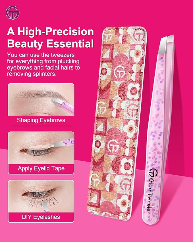 Expert Eyebrow Hair Removal Tweezer with Leather Case, GlamTweeler High Precision Slant Tip Stainless Steel Tweezers for Men and Women (Cherry Blossom Pink)