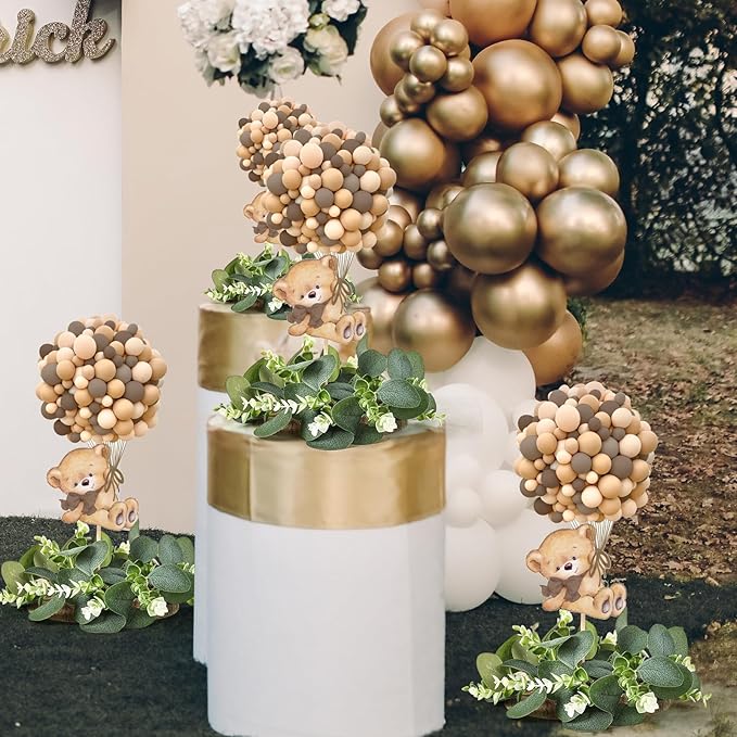 12 Set Baby Shower Bear Table Centerpieces Decortion Brown Bear with Eucalyptus Wreath Wood Slices Welcome Baby Table Topper for Gender Reveal Boy Or Girl Party Favor