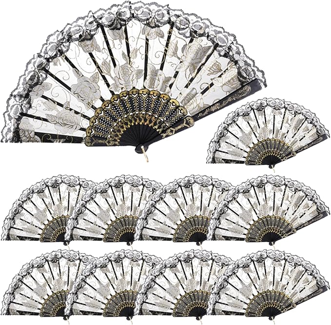 QIRMIZI 30pcs Silk Folding Hand Fans, Silk Fans,Black Rose Fans, Perfect for Weddings, Parties, and Dancing,Black