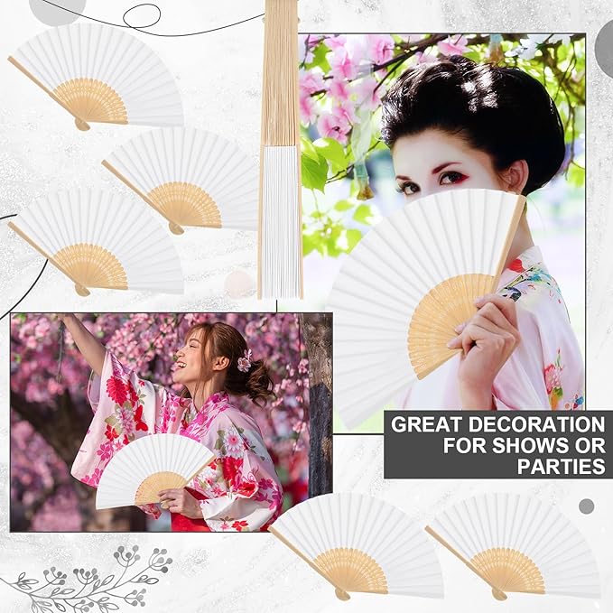 Yinkin 24 Pack Folding Fans Bamboo Handheld Folded Craft Hand Japanese Chinese Fans for Weddings Bridal Dancing Church DIY Decoration Women Gift Party Favors (White)