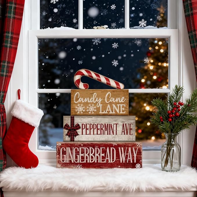 4 Pcs Christmas Table Decor Wooden Candy Cane Decoration Christmas Centerpiece Winter Tiered Tray Decor Red and White Stripes Candy Cane Block Signs Gift Farmhouse Xmas Decoration for Kitchen