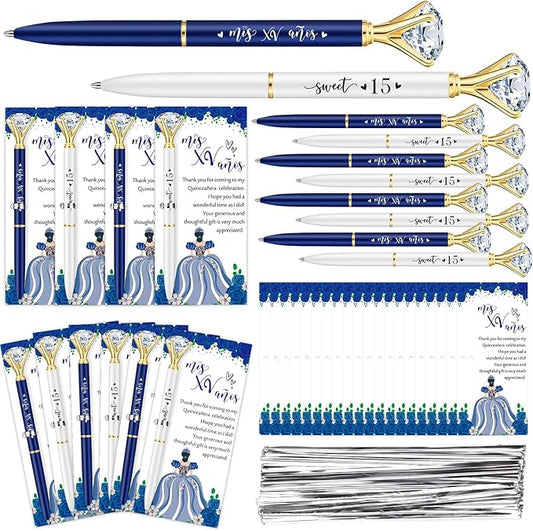 25 Set Quinceanera Party Favors for Guest Sweet 15 Diamond Pens Bulk Mis XV Años Fancy Ballpoint Pen with Thank You Cards and Ties 15th Birthday Thank You Gifts(White, Dark Blue)