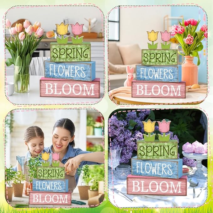 4 Pcs Spring Table Decor Wooden Tulip Spring Tiered Tray Decor Flowers Table Centerpiece Decorative Colorful Tulip Block Signs Gift Farmhouse Flowers Decoration for Home Kitchen Shelf