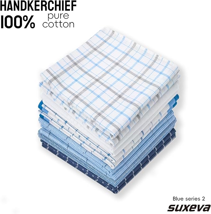 Gifts Cotton Handkerchiefs 100% Soft Cotton 12-Pack White handkerchif and Blue cotton handkerchief for Men and Women