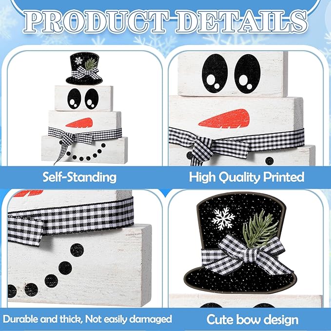 4 Pcs Winter Table Decoration Wooden Snowman Decor Black and White Winter Tiered Tray Decor Rustic Snowman Face Wood Block Sign Gift Christmas Centerpiece Farmhouse for Wonderland Home