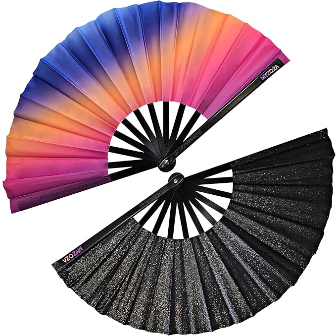 Set of Two Large Hand Foldable Fan Clack Popping Rave Festival Line Dancing Boots on the Ground New Years Mardi Gras(Ombre & Black)