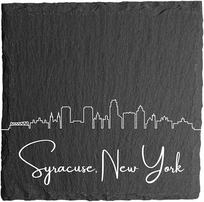 Blue Ridge Mountain Gifts - Syracuse NY Skyline Coasters, Set of 4 - Syracuse New York Souvenir, Slate Coasters with Minimalist Skyline, Housewarming Gift for Friends, Family, & Neighbors