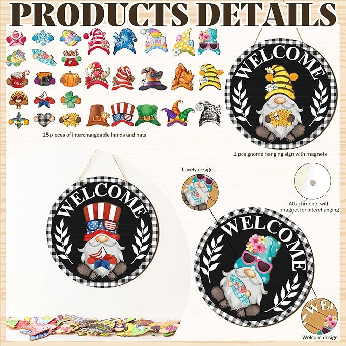 Qunclay Interchangeable Wooden Gnome Decor Holiday Seasonal Gnome Decorations with Magnet Pieces and Detachable Hats Changeable Welcome Sign for Home (Black Watercolor)