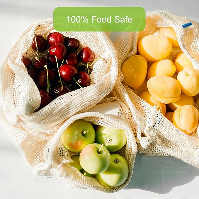 KerKoor Reusable Cotton Mesh Produce Bags - Produce Storage, Vegetable & Fruit Bags (6 Pack)