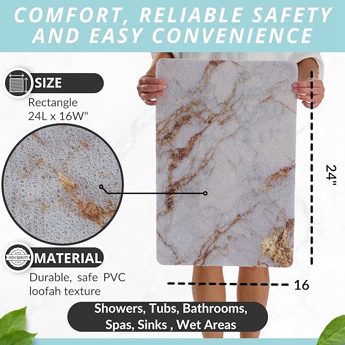 ENKOSI Loofah Non-Slip Shower and Bath Mat - Soft Cushioned Comfort - No Suction Cups for Smooth or Textured Tubs - Fast Draining - Safety for Bathroom, Family and Elderly (24x16 Marble Blue Gold)