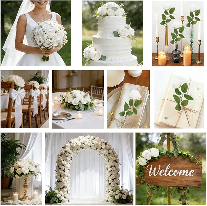 Roses Artificial Flowers, Silk Roses with Stems for Wedding Bridal Bouquets, Valentine Anniversary Mother's Day Get Well Hostess Housewarming Gifts, Indoor Outdoor Decor Party Centerpiece (12, White)