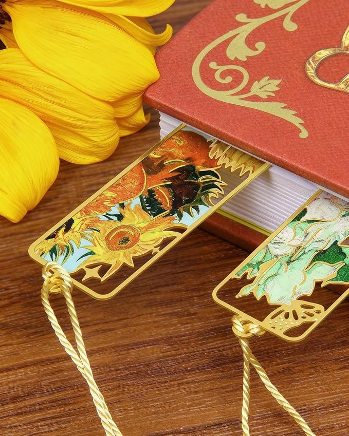 4 Pieces Metal Bookmarks with Tassel, Golden Hollow Bookmark Oil Painting Van Gogh Monet Theme Book Mark Bookmarks for Book Lovers Writers Readers Children Teens Men Women Adults