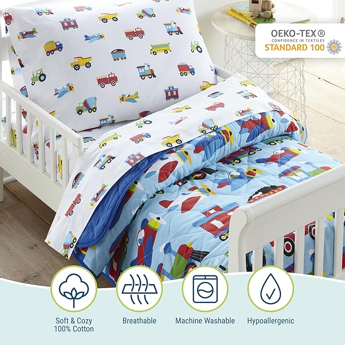 Wildkin 4-Piece Toddler Bed in a Bag – Cotton Comforter, Sheets & Pillowcase for Cozy Cuddles - Trains, Planes, and Trucks