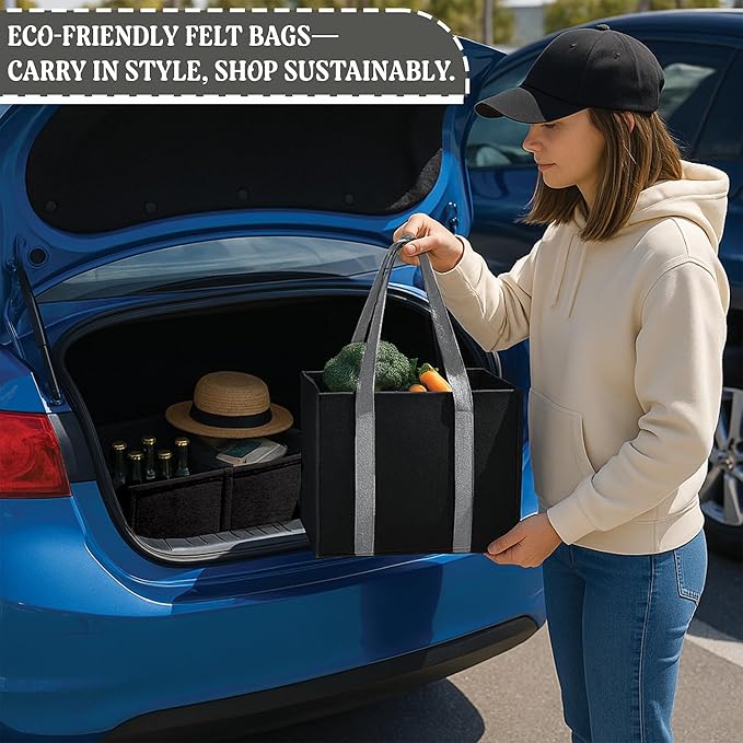 CRAFTYLINES Eco-Friendly Reusable Grocery Bags RECYCLED FROM 30 PLASTIC BOTTLES | Heavy-Duty Shopping Bags with Long Handles | Large Tote Bags, Foldable Organizer & Carry Basket For Kitchen (3 Pack)