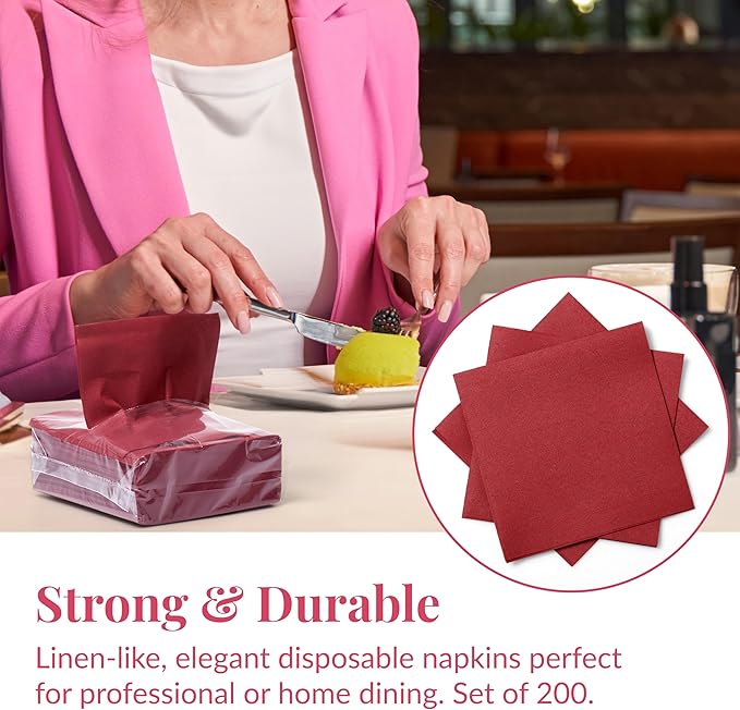 Prestee Linen Feel Guest Towels - Paper Hand Towels - Cocktail Napkins - 5inch Folded / 9.5inch Unfolded - 200 count - Soft and Absorbent Disposable Napkins for Parties and Events - Red