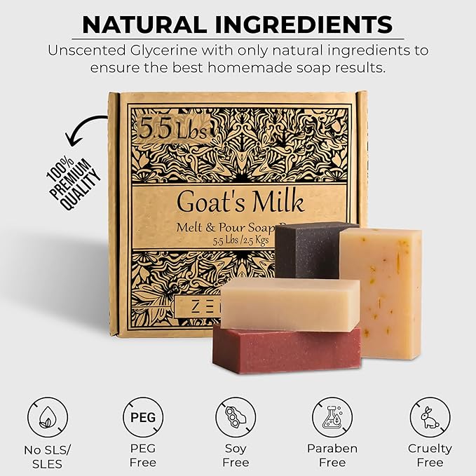 5.5 LBS Goats Milk Soap Base | Melt and Pour Supplies Kit for Soap Making - SLS/SLES & PEG free | Gentle & Natural Organic Vegetable Ingredients | Make Your Own Bulk For Adult Soapmaker - Easy to Cut