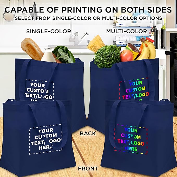 DISCOUNT PROMOS Custom Southern Style Grocery Tote Bags Set of 50 - Personalized Bulk Pack, Reusable Grocery & Shopping Bags - Great for Travel, Business Promotions - Navy Blue - 20"X13"X8"