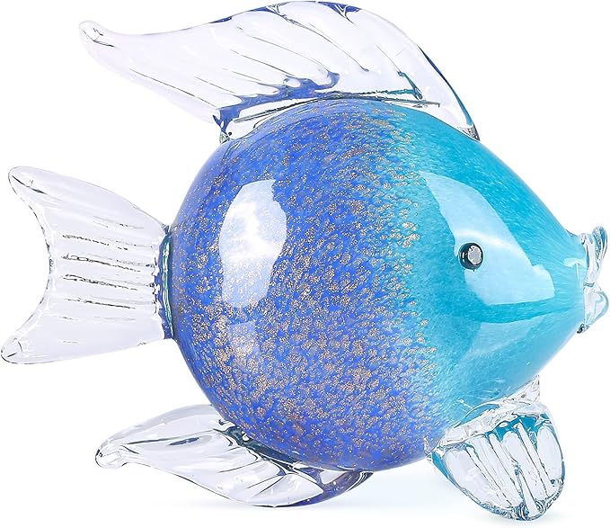 Blue Glass Fish Art Decoration Hand Blown Glass Fish Figurine, Art Paperweight Collection, Modern Office Luxury Decorations(WA-7)