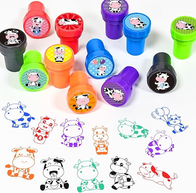 Cinrobiye 24 Pcs Cow Stampers for Boys Girls,Farm Animal Party Birthday Favors, Cow Goodie Bag Fillers, Classroom Rewards, Carnival Prizes, Pinata Stuffers for Moo Party Gifts