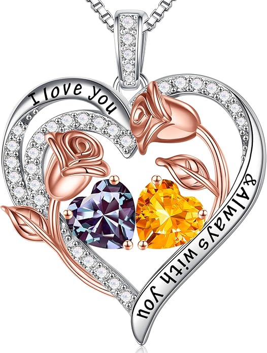 Iefil Valentines Day Gifts for Her - 925 Sterling Silver Rose Heart Birthstone Necklace Birthday Anniversary Jewelry Gifts for Her Wife Mom Daughter