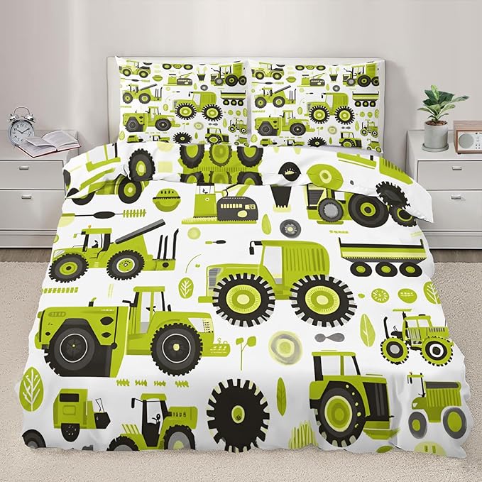 Engineering Vehicle Duvet Cover Full Size Cartoon Tractor Bedding Set Agricultural Vehicle Comforter Set Farm Machinery Car Duvet Cover Soft Microfiber for Bedroom