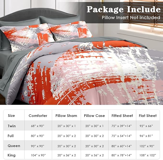 Comforter Set Twin Size, Urban Graffiti Orange Grey 5 Pcs Bedding for Kids and Adults, Abstract Paint Line Bed Sheet Sets with Fitted Sheet Pillowcase & Sham for Bedroom Bed Decor