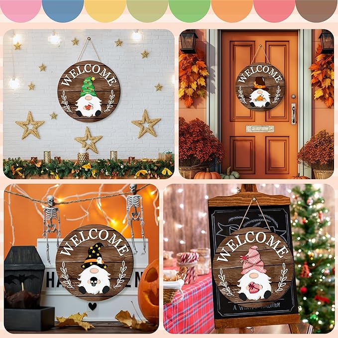 Seasonal Gnome Wall Decor Set, 11.8 inch Autumn Wooden Round Sign with Interchangeable Holiday Hats, Halloween Welcome Door Hanging (Brown-3)