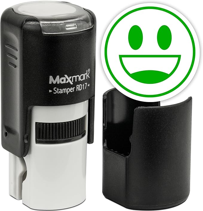 MaxMark Round Self Inking Emoji Stamp - Smiling - Green Ink