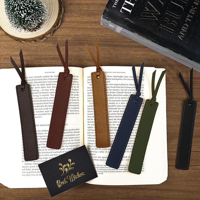 6 Pcs Leather Bookmark with Tassel, Classic Style Bookmark, 0.05 Inches Thin Handmade Stitched Bookmarks for Men, Book Marks for Reading, Gifts for Book Lovers, Readers (Dark Retro)